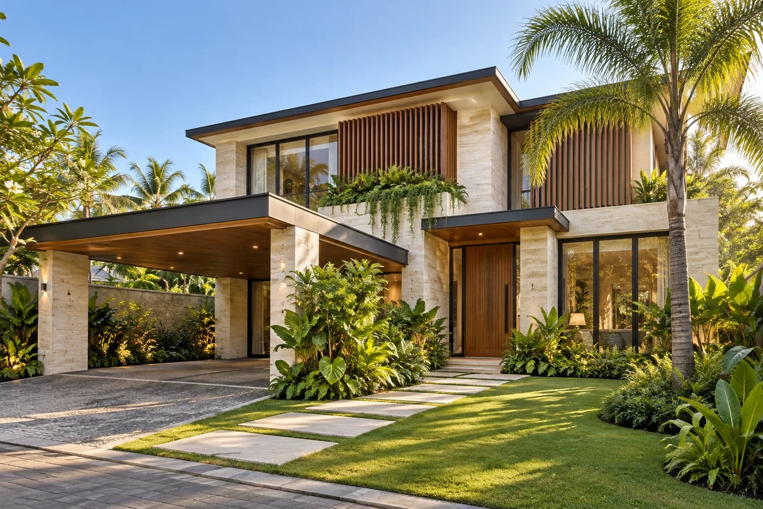 Rumah tropis modern dengan taman asri dan pencahayaan alami